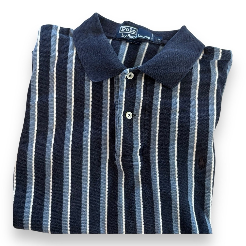 Polo Ralph Lauren Polo Shirt Men's L Dark Blue Striped Golf Casual Short Sleeve